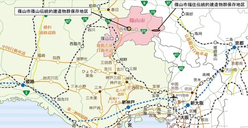 篠山・福住伝統的建造物群保存地区の位置図